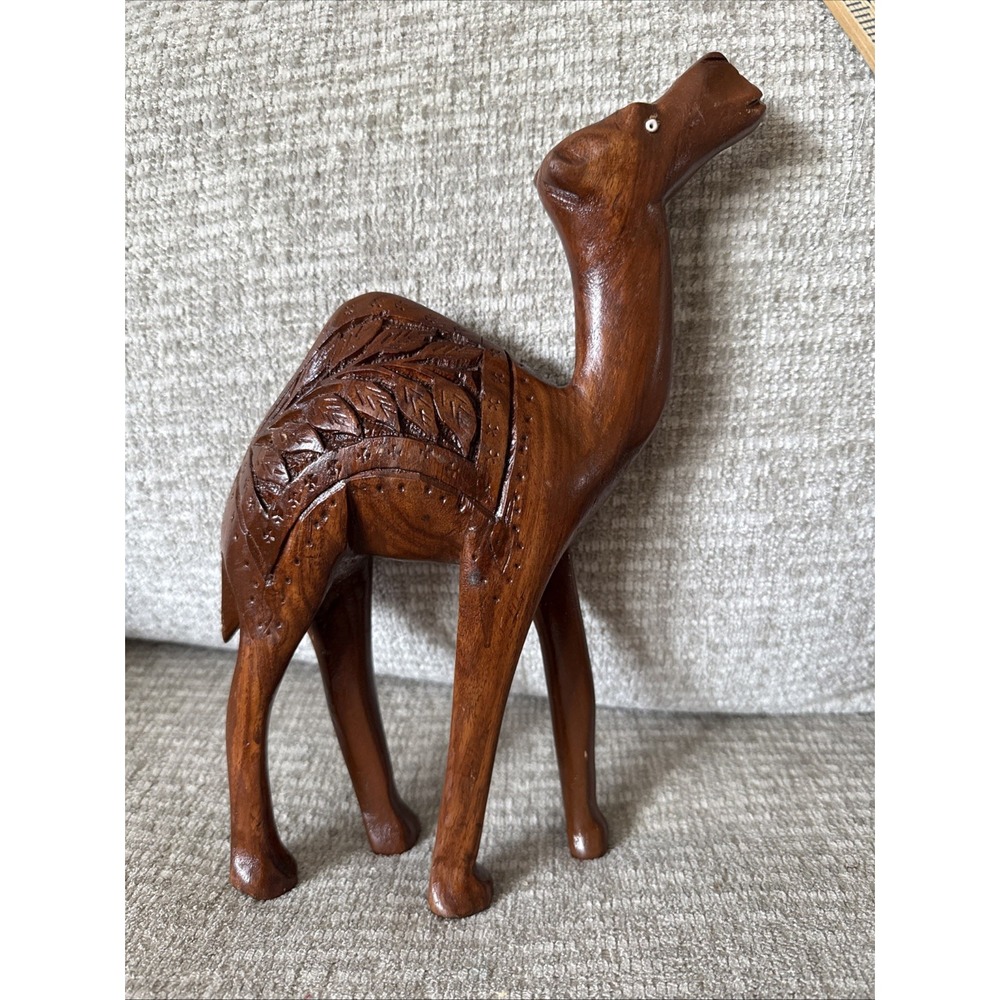 Vintage MCM Hand Carved Wooden Camel Decor 13" Tall / Retro‎ 60s Ornate